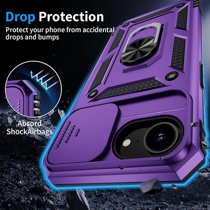 for iPhone 17e Case & iPhone 16e Case with 2X HD Screen Protector & Slide Camera Cover & Rotated Ring Kickstand, Rugged Heavy Duty Protective Phone Case for iPhone 17e/16e 6.1 inch, Purple - Image 4
