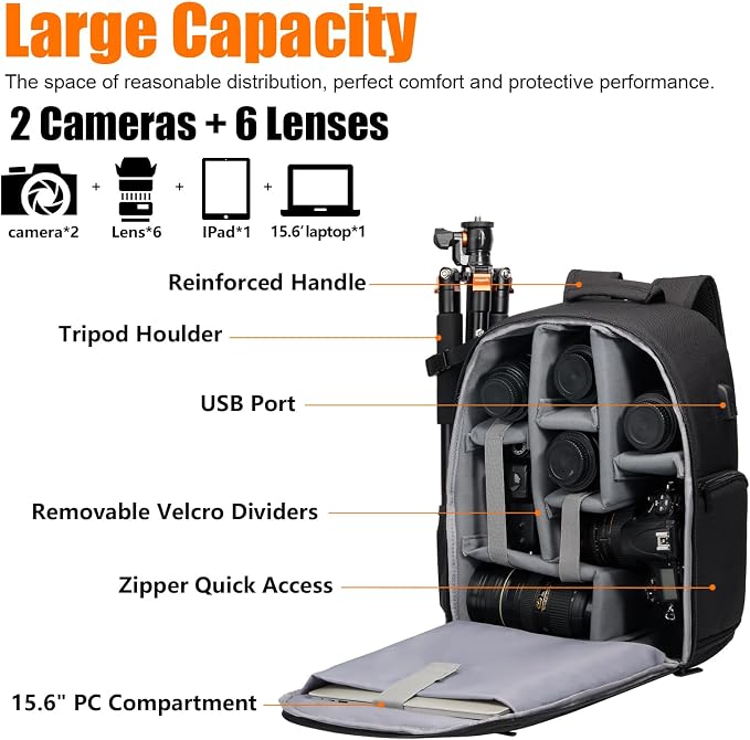 CADeN Camera Backpack Bag with Laptop Compartment 15.6" for DSLR/SLR Mirrorless Camera Waterproof, Camera Case Compatible for Sony Canon Nikon Camera and Lens Tripod Accessories Black - Image 2