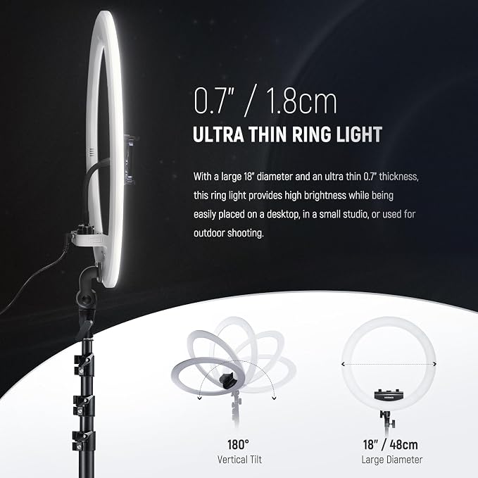 NEEWER 18 inch Ring Light with Tripod Stand and Phone Holder, Ultra Thin Video Ringlight 2900K-7000K TLCI98 App Control, Softer Lighting for Lash Tattoo Makeup Live Stream TikTok, RP18B Pro White - Image 2