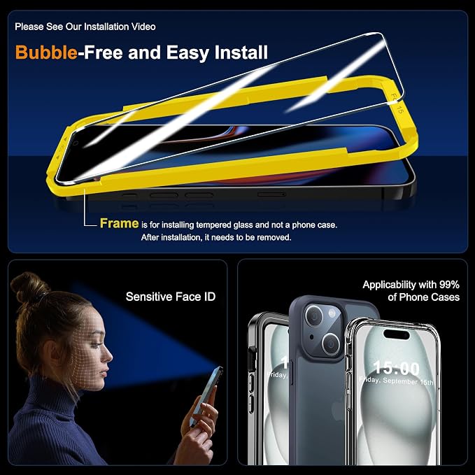QHOHQ 3 Pack Screen Protector for iPhone 15 [6.1 Inch] with 3 Pack Camera Lens Protector, Tempered Glass Film, HD Clear, 9H Hardness, No Bubbles, Case Friendly - Image 6