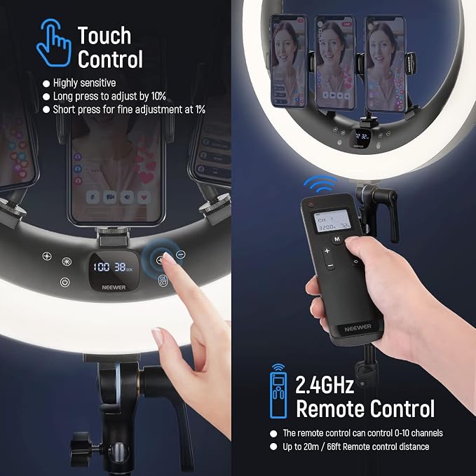 NEEWER 19 inch 2.4G Ring Light with Stand, 3 Phone Holders, 2.4G USB Transmitter for Mac/PC Remote Control, Touch Panel, Smooth Dimming at 1%, 3200K-5600K for Selfie TikTok Live Streaming Zoom, RP19H - Image 5
