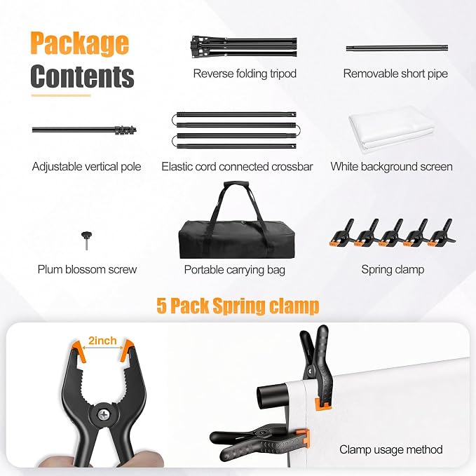 White Photo Backdrop with 5x6.5ft T-Shaped Stand for Photoshoot | 5x7ft Portable White Backdrop Stand Kit with Carrying Bag, 5 Strong Spring Clamps for Baby Shower Portrait Live Streaming - Image 7