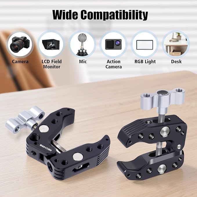 Universal Camera Clamp 10-60mm with 1/4"-3/8" Threads & Positioning Holes - Multi-Angle Adjustable Clamp for DSLR, Bike Handlebar, Desktop Streaming (Lightweight Aluminum Alloy) 62019 - Image 4