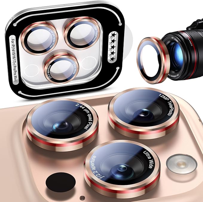 Uyiton for iPhone 17/16/15/14 (Pro Max & Pro) Camera Lens Protector | Unique Lines Text Design, Case-Friendly, Military-Grade Sapphire Glass Metal Camera Cover, Easy to Install, Gold+Red - Image 7