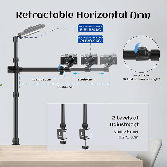 Ailight Camera Desk Mount Stand Overhead, Adjustable Microphone Boom Arm Mic Stand with Phone Holder, Camera Arm Clamp 5/8'' 3/8'' 1/4'' Screws for Shure, Blue Yeti, Rode, Elgato, Fifine, HyperX - Image 4