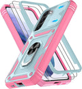 Gritup for Samsung Galaxy S22+ Plus Case with Screen Protector*2, Galaxy S22 Plus Case Build in 360° Rotating Ring Kickstand, Military Grade Protective Case for S22 Plus Phone, Green+Pink by Gritup