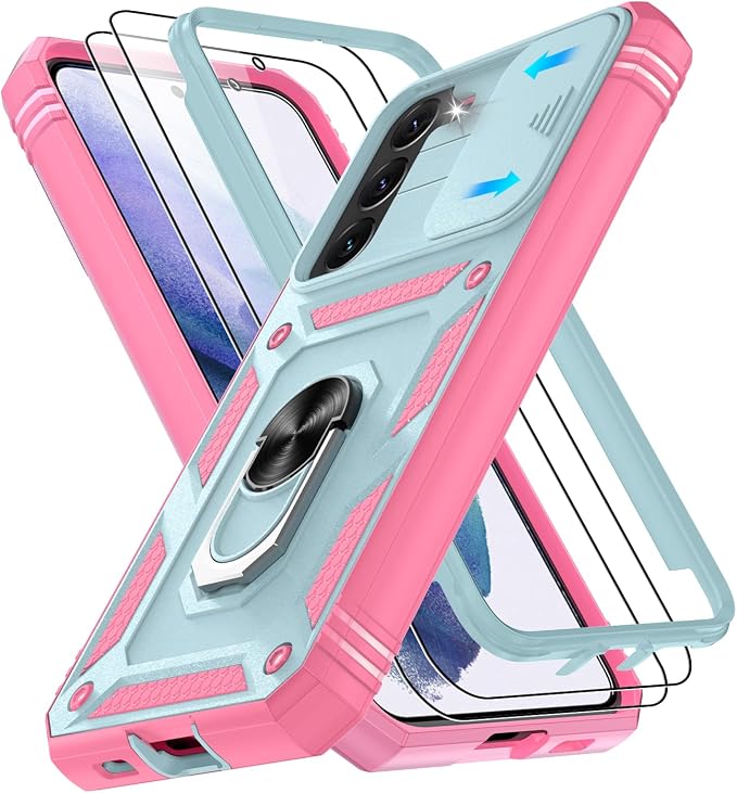 Gritup for Samsung Galaxy S22+ Plus Case with Screen Protector*2, Galaxy S22 Plus Case Build in 360° Rotating Ring Kickstand, Military Grade Protective Case for S22 Plus Phone, Green+Pink by Gritup