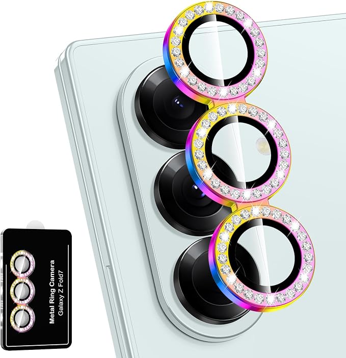 for Samsung Galaxy Z Fold 7 Camera Lens Protector, Individual Metal Ring Tempered Glass Lens Cover, [Strong Adsorption] Scratch Resistant Ultra-Thin HD Clear Lens Cover, 1 Set-Colorful Diamond by Btscase