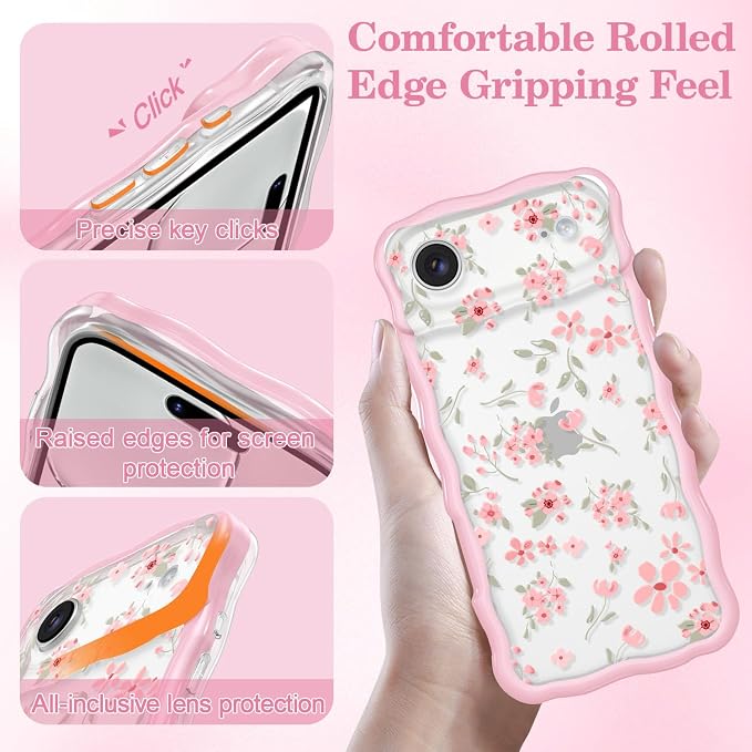 QLTYPRI for iPhone Air Pink Flower Case, Clear Cute Pink Floral Flower Phone Case Curly Wavy Aesthetic Phone Cover, Soft Slim Transparent TPU Shockproof Protective Cover for Women Girls - Pink - Image 3