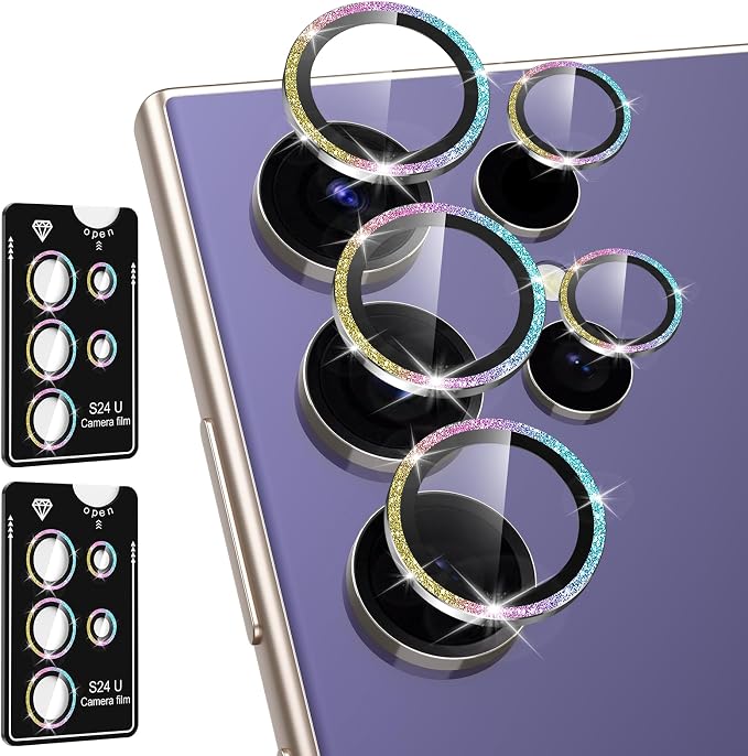for Samsung Galaxy S24 Ultra Camera Lens Protector, Individual Metal Ring Tempered Glass Lens Cover, [Strong Adsorption] Scratch Resistant Ultra-Thin HD Clear Lens Cover,2 Set-Colorful Sparkly by Btscase