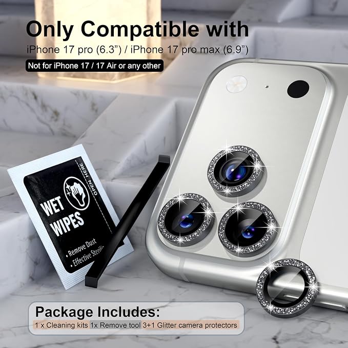 Choiche for iPhone 17 Pro/iPhone 17 Pro Max Camera Lens Protector | Ultra HD, Bling 9H Tempered Glass Camera Cover Screen Protector Metal Ring Decoration Accessories (Glitter-Black) - Image 2