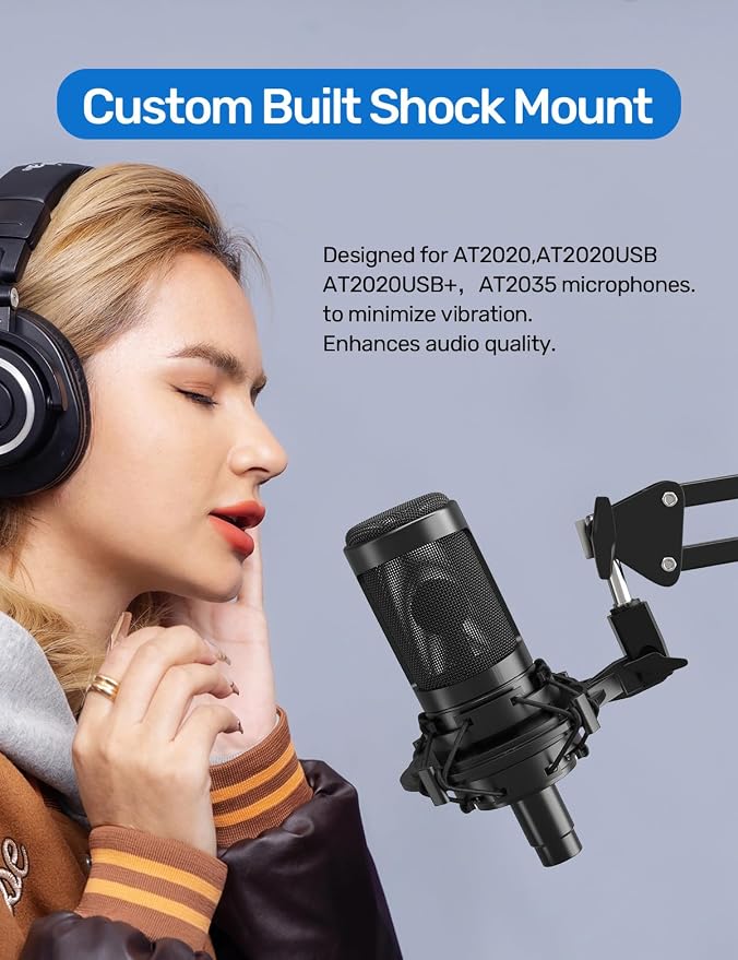 Custom Built Shock Mount with Pop Filter for AT2020 Microphones, Pro | Reduces Vibration Noise, Improves Recording Quality, Compatible with Audio Technica AT2020USB+, AT2035, AT4040 Condenser Mics - Image 2