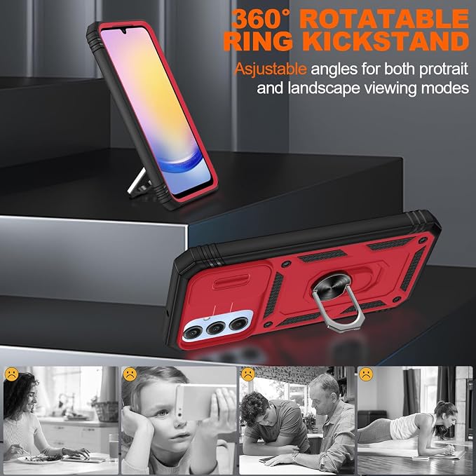 Fit for Samsung Galaxy A25 5G Phone Case with 2PCS Screen Protector, Build in 360° Rotating Ring Kickstand, Military Grade Protective Case for Samsung A25 Case Phone, Red+Black - Image 7