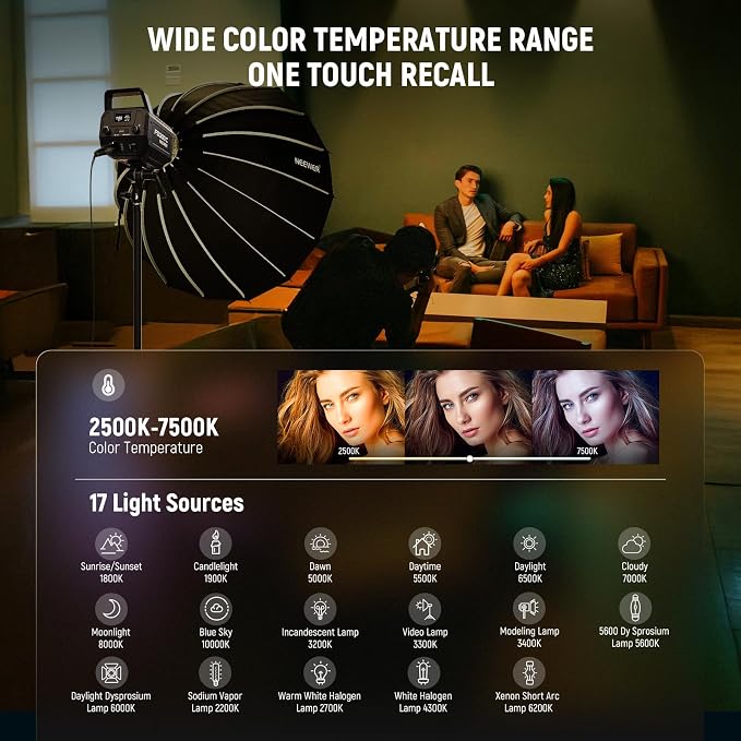 NEEWER FS300C 300W RGB LED Video Light with App/2.4G Control | 17 Effects, 2500K-7500K, 29000Lux/1m COB Continuous Output Lighting, CRI95+/TLCI97+, Bowens Mount Spotlight for Studio Shoots - Image 4