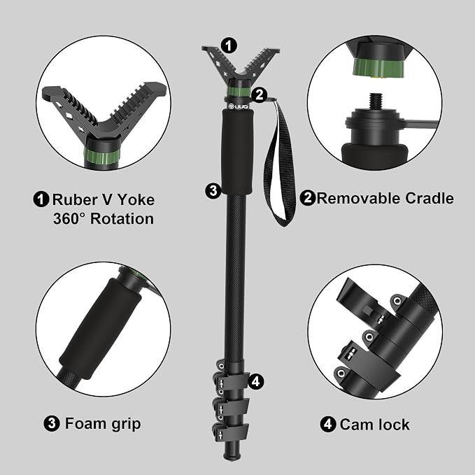 UUQ M4 Carbon Fiber Monopod Shooting Stick and Gun/Rifle Rest, 4-Section Adjustable Height, Durable and Lightweight Versatile Trekking Pole, Portable Compact for Hunting, w/Spike Foot - Image 3