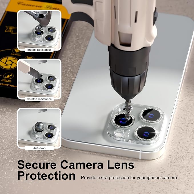 for 6 Pack iPhone 15 Pro/iPhone 15 Pro Max Camera Lens Protector [Drop Protection] [Case Friendly] [Easy Installation] 9H Tempered Glass Camera Screen Protector Cover, Glitter Silver - Image 3
