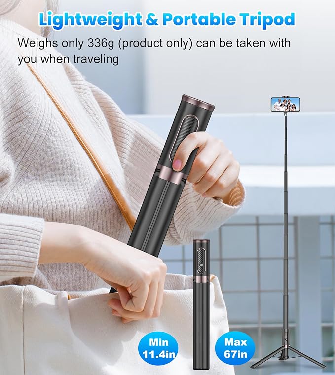 TONEOF 67" Cell Phone Selfie Stick Tripod,Smartphone Stand All-in-1 with Integrated Wireless Remote,Portable,Lightweight,Extendable for iPhone/Android(Black) - Image 7