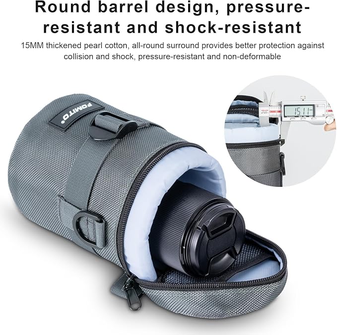 FOMITO M Size Water-Resistant Camera Lens Pouch Bag - Shockproof Protective Case with Mesh Pocket, Compatible with Canon EF-S 17-55mm, Nikon AF-S 18-200mm, Fujifilm XF 56mm & Lenses Under 3.94"x6.1" - Image 3