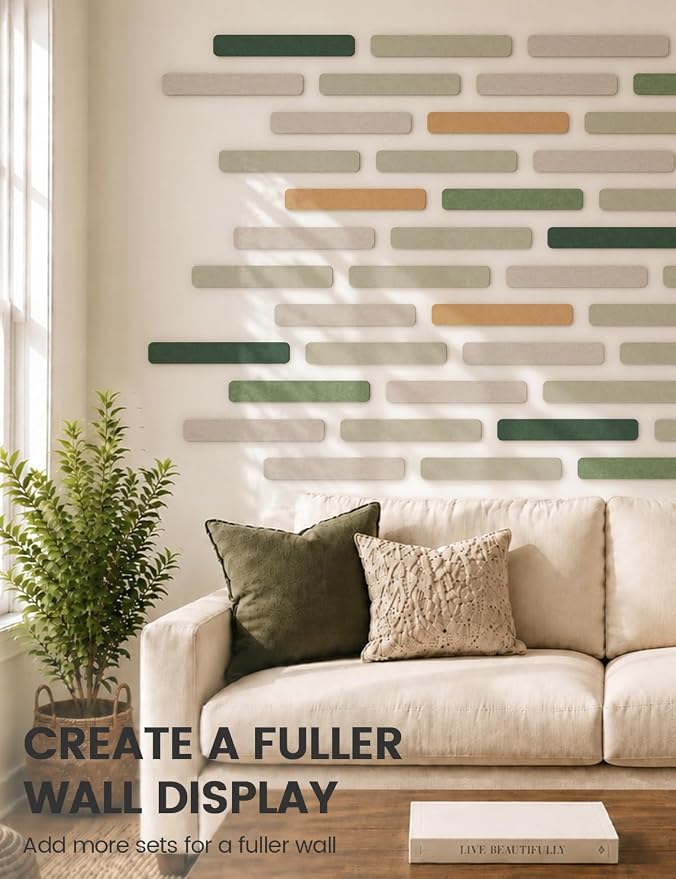 Fluxynara 13" x 2" Felt Wall Panels, Moss Glimmer | 8-Pack Includes 50 Push Pins and Adhesive Tabs for Photos, Notes and Decor in Bedroom Doors, Home Office or Studios - Image 7