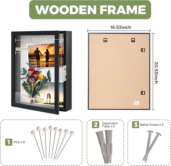 Muzilife 16x20 Shadow Box Wood Picture Frame, 2.16 Deep, Real Glass, Black | FSC-Wood, Magnetic Door, Linen Interior & Pins, Vertical, Horizontal Wall Hanging, Display Case Frame for Photos & Keepsakes - Image 3