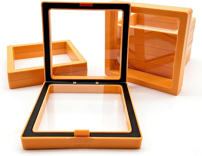 12 PCS Dual-Color Packaging Box 3D Floating Frame Display Stand, Color-Matching Packaging Display Box, Transparent Window Jewelry Case, PE Film Anti-Oxidation Storage Case. (Orange+Black) - Image 2
