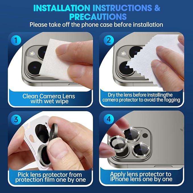 for iPhone 15 Pro/15 Pro Max Camera Lens Protector Glitter, Gray | Individual Metal, 9H Hardness, Scratch Resistant, Shockproof, Drop Protection, Case Friendly, Stylish Accessories - Image 7