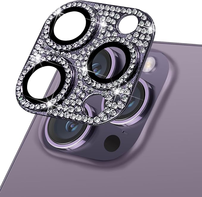 Designed for iPhone 14 Pro and 14 Pro Max Camera Lens Protector, Bling Rhinestone Sparkle Diamond 9H Tempered Glass Lens Cover Shockproof Full Protective Camera Cover, Purple by Hsefo