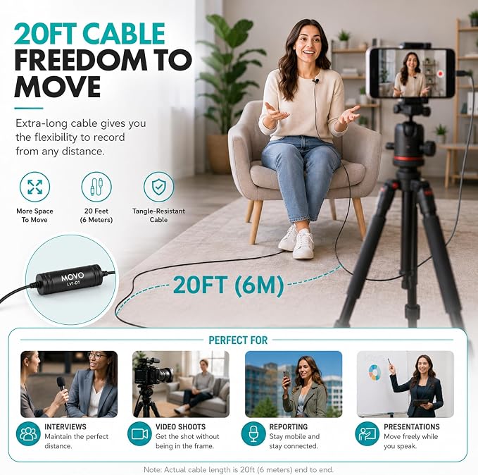 Movo LV1-DI Lavalier Microphone for iPhone & iPad – MFi Certified Lightning Clip-On Mic – 20ft Cable – for YouTube, TikTok, Podcasts, Interviews & Vlogging - Image 4