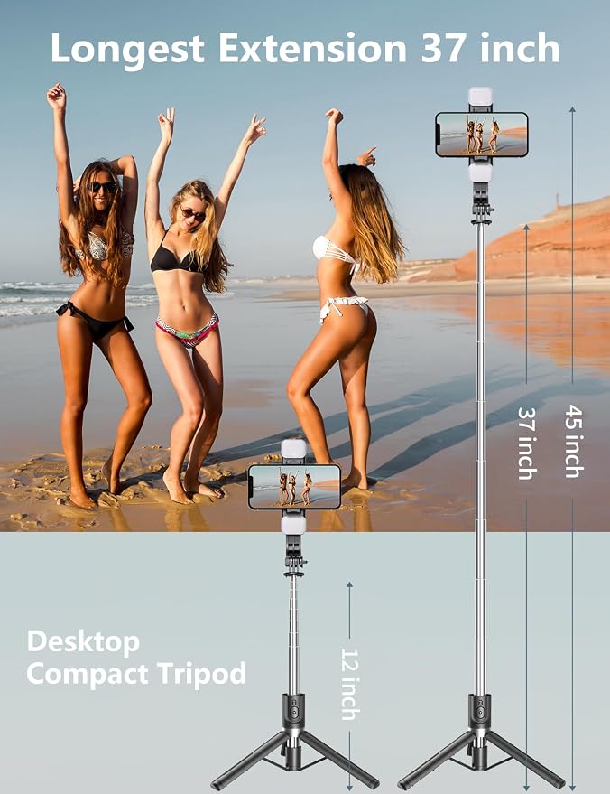 Selfie Stick Tripod with Light, 45'' Phone Tripod with Wireless Remote | Portable Travel Phone Tripod, Compatible with iPhone 16/15 Pro Max/15/14 Pro/14/13, Samsung S22/ S23 Ultra/Android Smartphone - Image 3