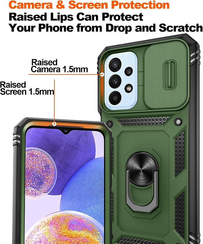 Gritup for Galaxy A23 5G Case Military-Grade Shockproof with Kickstand | (   ) with 2 PCS Screen Protector, Slide Camera Cover, Heavy Duty Funda para A 23 5G Cover, Green+Black - Image 4