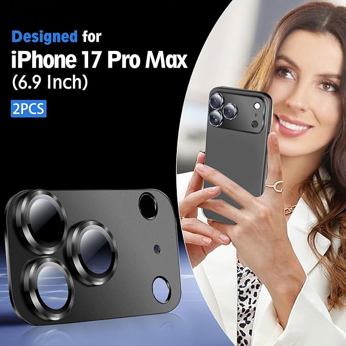 SiHPuoy Camera Lens Protector for iPhone 17 Pro Max, Tempered Glass, Black | 2pcs, 9H+ Hardness, Military Grade Shatterproof, Anti-Scratch, Case Friendly, Metal Camera Cover, Does not Affect Night Shots - Image 2