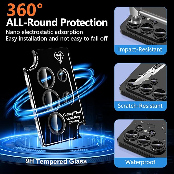 for Samsung Galaxy S26 Ultra Camera Lens Protector, Individual Metal Ring Tempered Glass Lens Cover, [Strong Adsorption] Scratch Resistant Ultra-Thin HD Clear Lens Cover, 1 Set-Black - Image 2