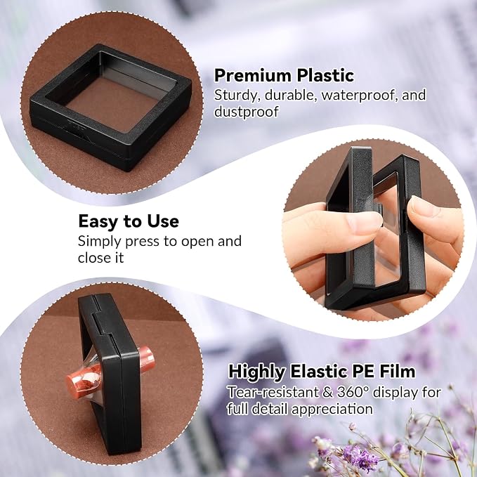 12 Pcs 3D Floating Frame Display Stand, Transparent Jewelry Gift Boxes | 2.75 x 2.75 x 0.8 Inch Small Jewelry Gift Boxes with PE Film, for Earrings Necklaces Rings Coins Specimens Crafts, Black - Image 5