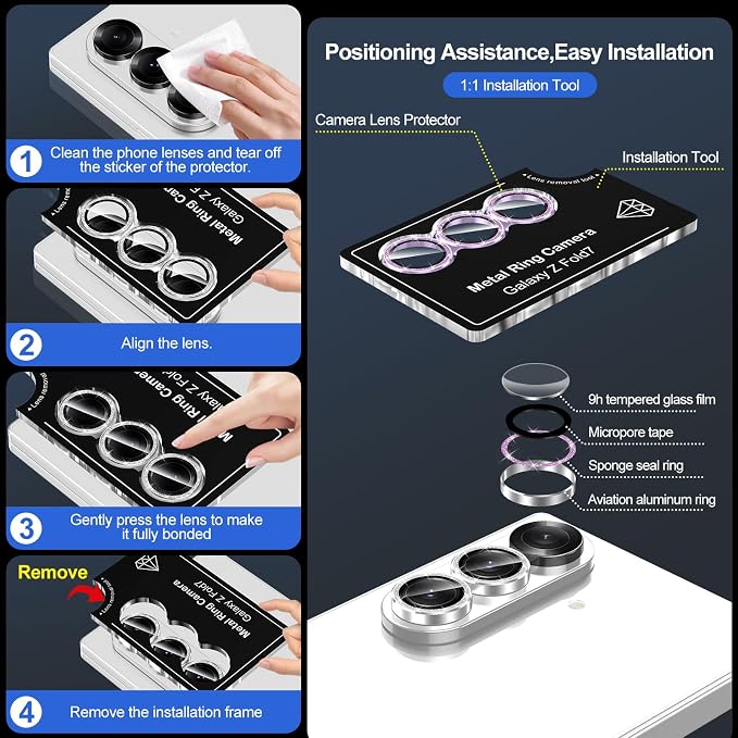 for Samsung Galaxy Z Fold 7 Camera Lens Protector, Individual Metal Ring Tempered Glass Lens Cover, [Strong Adsorption] Scratch Resistant Ultra-Thin HD Clear Lens Cover, 1 Set-Purple Sparkly - Image 6