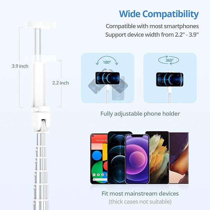 ATUMTEK 60" Selfie Stick Tripod, All in One Extendable Phone Tripod Stand with Bluetooth Remote 360° Rotation for iPhone and Android Phone Selfies, Video Recording, Vlogging, Live Streaming, White - Image 7