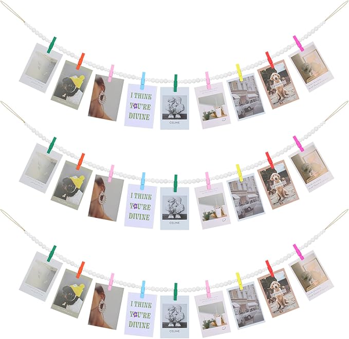 KLOGTSIND Hanging Photo Display, 3PCS Boho Wood Bead Garland Wall Decor | Photo Banner with 9 Wooden Clips for Bedroom, Living Room, Office, Dorm Decor, Pictures Postcards Holder Teen Girl Gifts by KLOGTSINDDirect