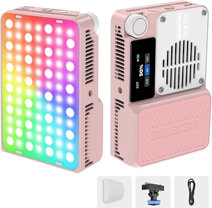 Amaran Ace 25c RGBWW LED Video Light Pocket Creator Light | 32W Boost Mode, 2300K-10000K RGBWW, 1171 Lux Output at 5600K, 4500mAh Battery, USB-C PD Fast Charging, Pink by amaran
