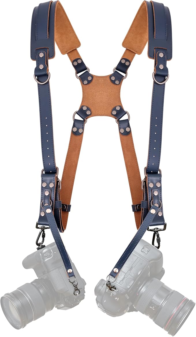 Padwa Lifestyle Dual Camera Harness Strap for Two-Cameras - Dual Shoulder Full Grain Leather Harness,Multi Double Camera Gear for DSLR/SLR Strap,Double Camera Harness for Photographers,Blue by PadwaLifestyleCameraStrap