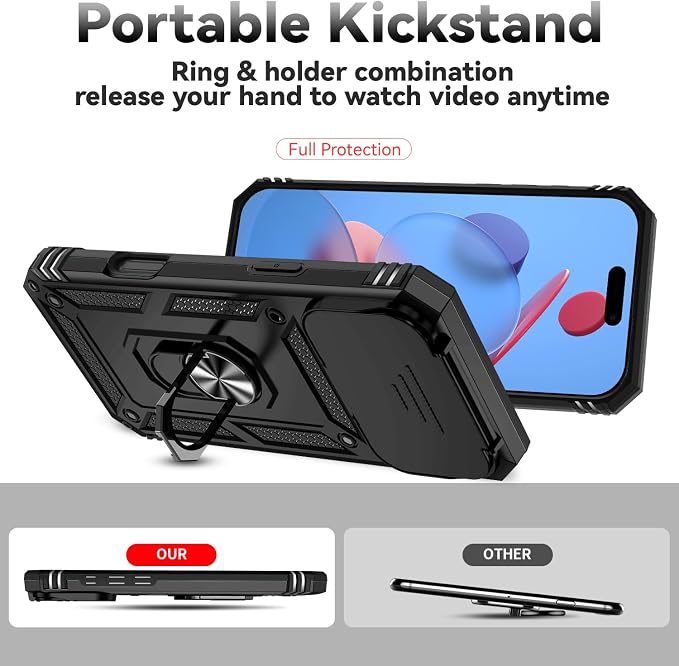 SunStory Phone Case for iPhone 17 Pro Max Case with HD Screen Protector & Slide Camera Cover & Rotated Ring Kickstand, [Military-Grade] Phone Case for iPhone 17 Pro Max, Black - Image 2