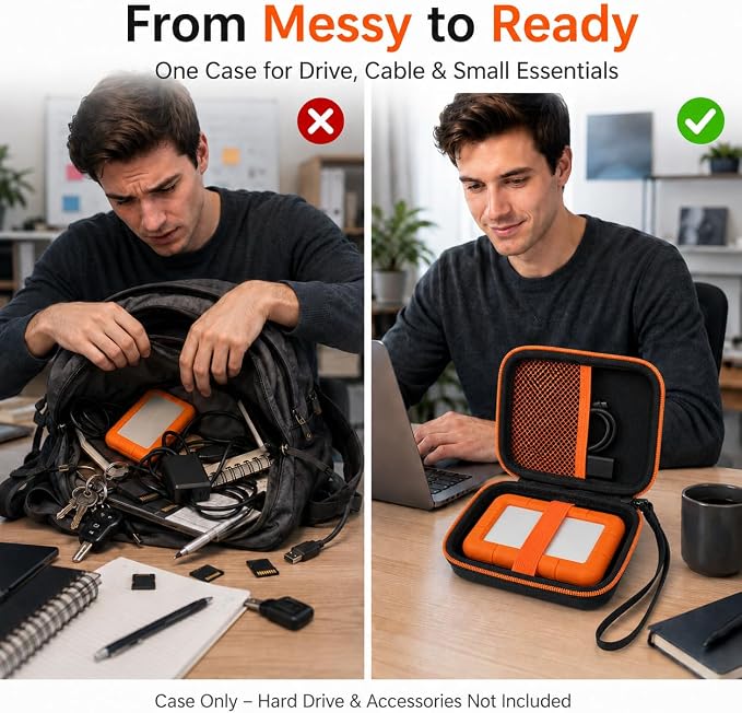 ALKOO Case for LaCie Rugged Mini 1TB/2TB/4TB/5TB External Hard Drive | Portable HDD Holder, Cable Pocket, SD Card Storage, for Photographers, Creators, Students, Office, Travel, Case Only, Sun - Image 6