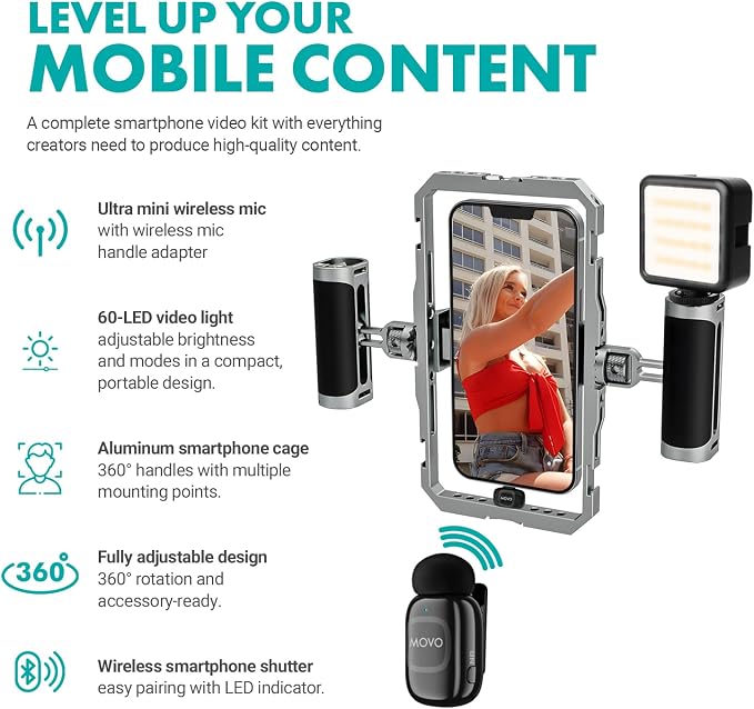 Movo iFilmer-PRO Smartphone Video Rig Kit – Stabilizer Cage with Dual Grips, Wireless Lavalier Microphones & Tripod for iPhone/Android - Image 5