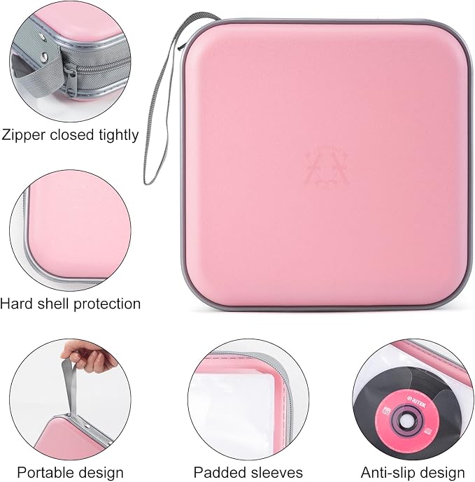 alavisxf xx CD Case, 48 Capacity Hard Plastic Zipper Disc Wallet for Car | DVD Holder, Portable Hand Strap, Anti-Slip Sleeves, Scratch-Resistant Sleeves, Disc Storage Organizer, for Home Office Travel - Image 3