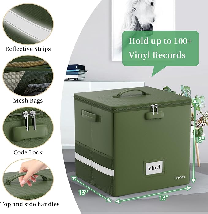 DocSafe Vinyl Record Storage Box with Lock, Fireproof＆Water Resistant Record Organizer for 100+ Single Records(12-inch), Collapsible Storage Crate with Lid&Handles for Valuable Album Collection,Green - Image 4