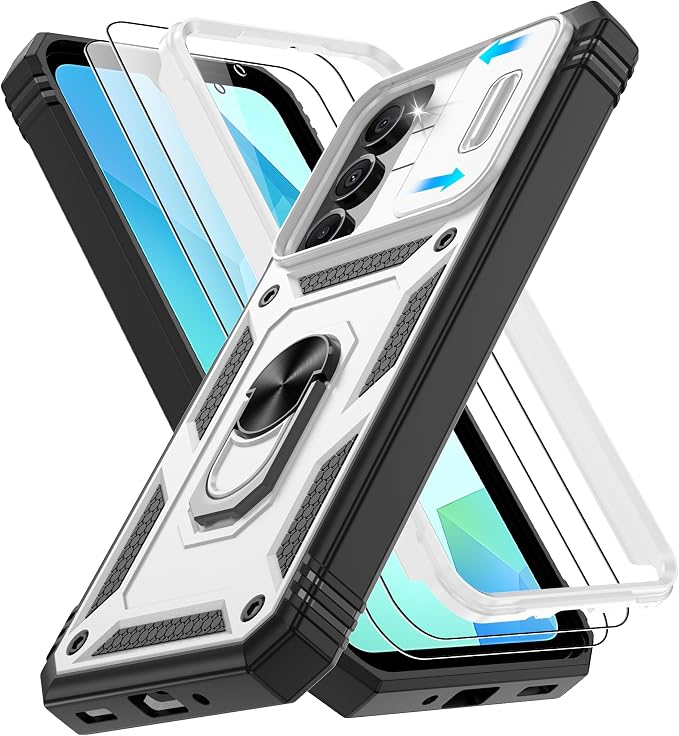 for Samsung Galaxy A06 Phone Case with 2PCS Screen Protector, Build in 360° Rotating Ring Kickstand, Military Grade Protective Case for Samsung A06 Phone, White+Black by Gritup