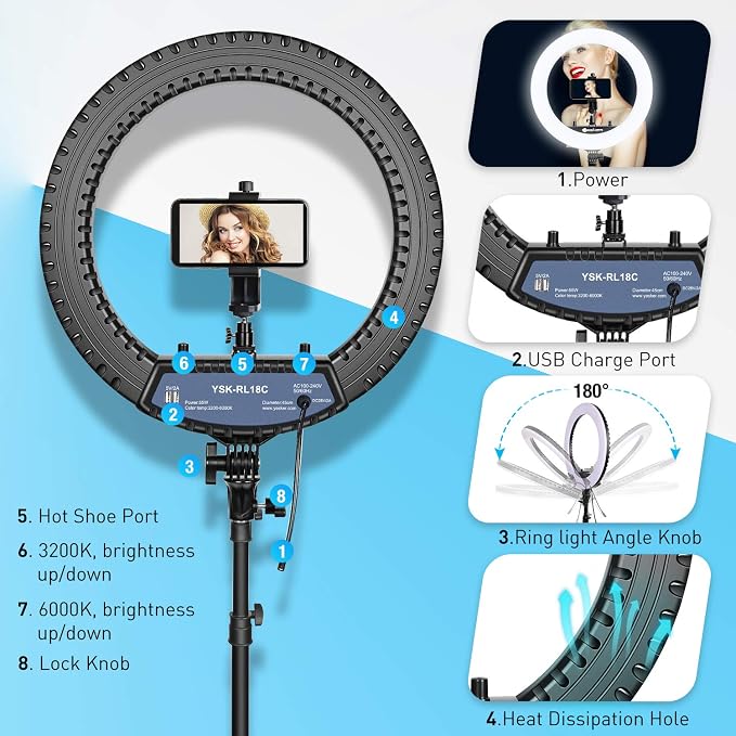 Yesker Ring Light 18 Inch with Stand Tripod Big Selfie Ringlight Adjustable 6000K Dimmable LED Portable Professional Ring Lights Kit Phone Holder for Camera Live Streaming Makeup YouTube Video TikTok - Image 4