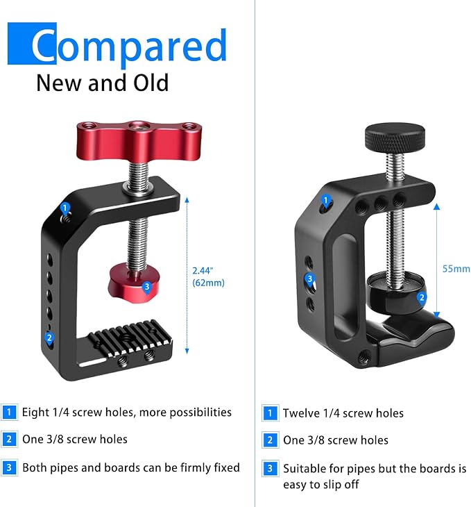 C Clamp Camera Clamp Mount with 1/4" and 3/8" Threaded Holes - 2.44 Inch Jaw Opening - Max Load 12lb/5kg - Image 4