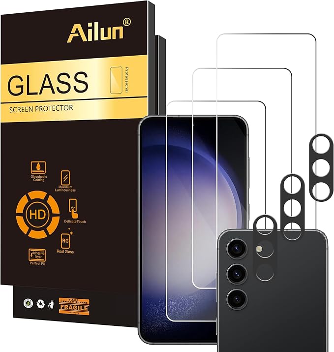 Ailun Screen Protector + Camera Lens Protector for Galaxy S23 FE, 3+3 Pack | 6.4 Inch, Tempered Glass, Fingerprint Unlock, 0.25mm, Ultra Clear, Anti-Scratch, Case Friendly by Ailun