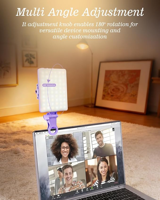 60 LED Portable Selfie Light Video Conference Lighting with Clip & Camera Tripod Adapter Rechargeable 2000mAh CRI 97+, 3 Light Modes for Phone iPhone Webcam Laptop Photo Makeup (Dreamy Blue) - Image 5