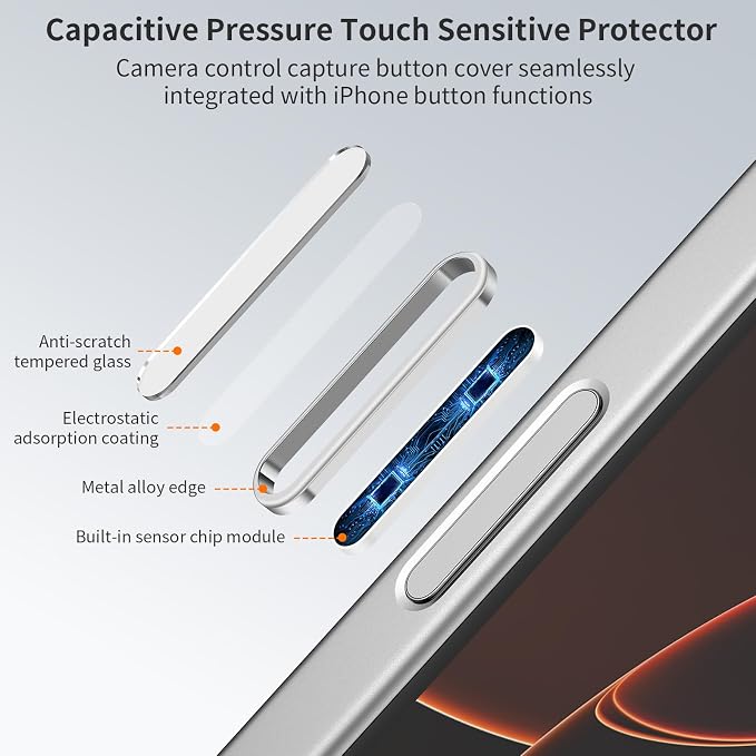 AMANECER 2 Pack Camera Control Button Protector for iPhone 17 Pro/Pro Max, Auto-Alignment Rugged Sensitive Slide Capacitive Protective Cover fit Apple Phone Side Click Touch Capture Key, Silver - Image 2
