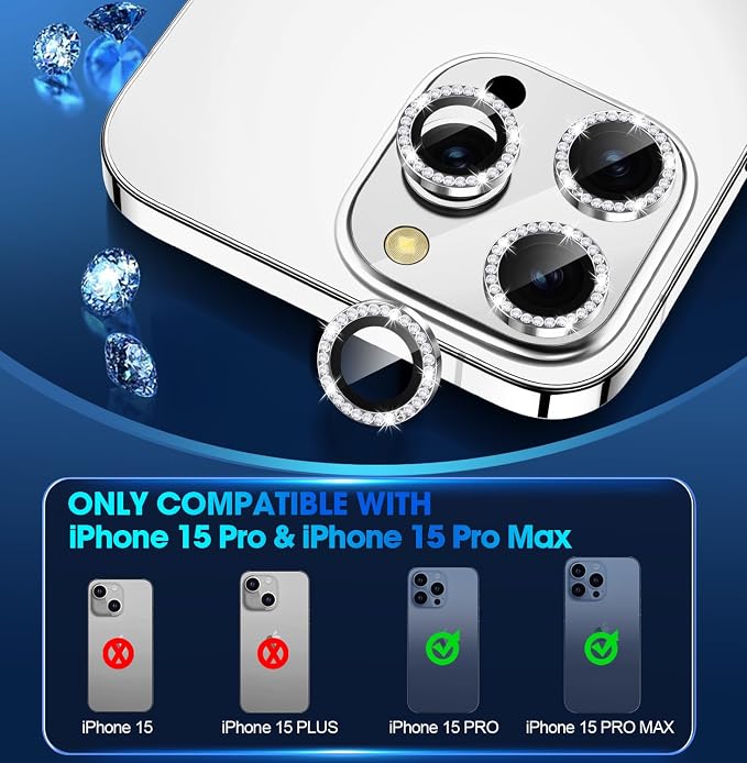 for iPhone 15 Pro/15 Pro Max Camera Lens Protector Diamond, Black | Individual Metal, 9H Hardness, Scratch Resistant, Shockproof, Drop Protection, Case Friendly, Stylish Accessories - Image 2